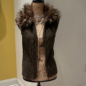 Chaps Faux Fur Trimmed Cable Knit Vest